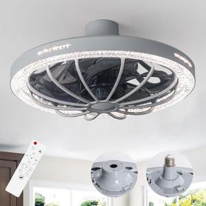 Socket Fan Light with Remote, 13 inch Socket Ceiling Fan with Dimmable Led Light, 3 Colors 3000K-6500K, 3 Speeds, Flush Mount Ceiling Fans with Lights for Bedroom, Kitchen, Living Room-Gery