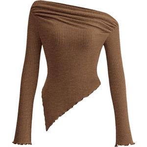 PRETTYGARDEN Women's Spring Long Sleeve Y2K Crop Top Trendy Off Shoulder Asymmetrical Fitted Knit Tee Shirts Going Out Tops (X-Large, Brown)