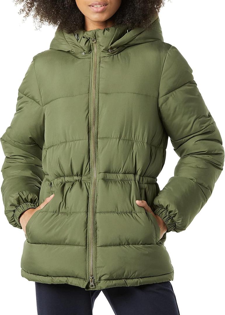 Amazon Essentials Women's Heavyweight Quilted Hooded Puffer Winter Jacket with Adjustable Waist (X-Large, Olive)