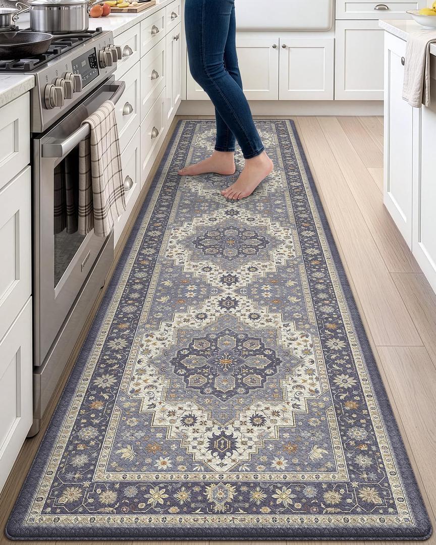 DEXI Kitchen Floor Mats Anti Fatigue, 23x107 Large Long Cushioned Vintage Runner Rug Waterproof, Standing Comfort Memory Foam Padded for Front Sink Laundry Office, Dark Grey