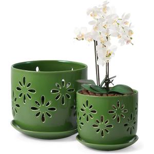 EFISPSS Orchid Pots with Holes,5+6 Inch Ceramic Plant Pots with Drainage Holes and Tray,Enhanced Drainage and Ventilation,Flower Pots for Indoor/Outdoor Plants for Repotting - Green