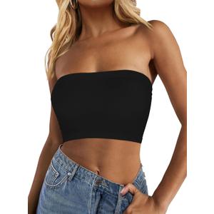 Tube Tops for Women Summer Crop Top Basic Casual Bandeau Going Out Strapless Short Shirt (One Size-Large, Black)