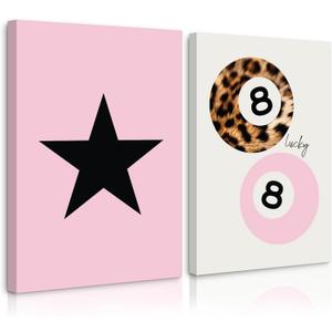 Coquette Aesthetic Wall Art Preppy Pink Canvas Wall Decor Trendy 8 Ball Leopard Poster Y2k Lucky Girl Wall Art Prints Girly Room Wall Art Retro Star Picture for Dorm Bedroom 16x24x2 Inch Ready to Hang