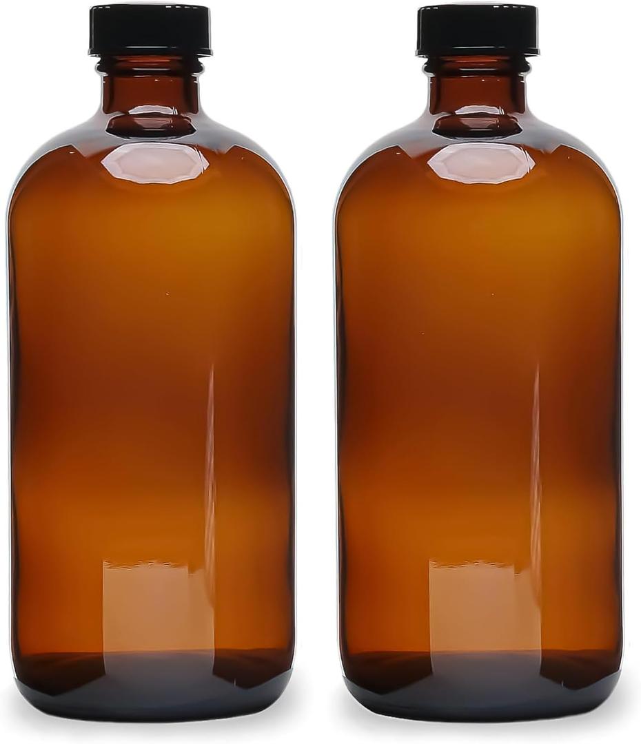 (2 Pack) - 16 oz Amber Glass Boston Round Bottles with Black 28-400 Airtight Phenolic Polycone Caps - Perfect Glass Containers for Secondary Fermentation, Storing condiment, Homemade Essential Oils