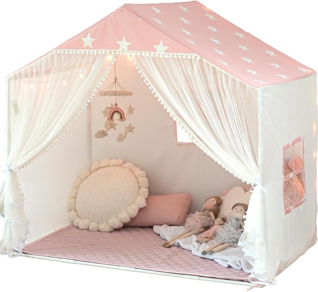 Kids Play Tent with Mat, Playhouse Tent Indoor Toddler Girl Tent with Pompoms Door Curtains, Princess Tents Children Play House Birthday Toy House Gift, Play Cottage (Pink)
