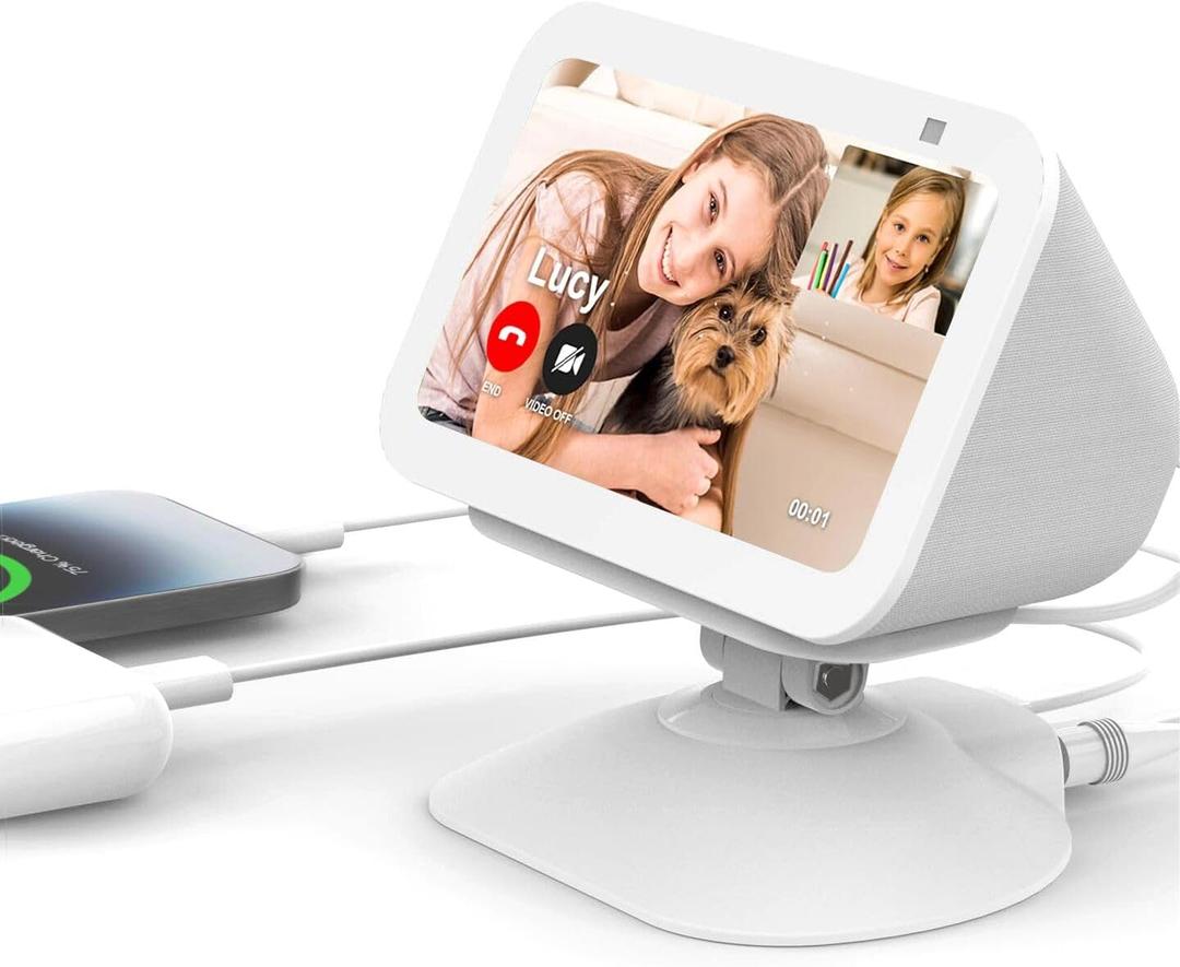 Adjustable Charging Stand for Echo Show 5 (3rd Gen) &Cell Phone Tilt + Swivel Stand Multi Angle Rotation Magnetic Anti-Slip Base for Show 5 Compatible with Mobile Phones, Can charge Headphones (White)