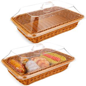 Mumufy 2 Pack Wicker Large Bread Basket for Serving with Acrylic Lid Woven Rectangular Imitation Rattan Fruit Basket with Cover Food Vegetable Display Tabletop Restaurant Kitchen(13.78x9.84'')