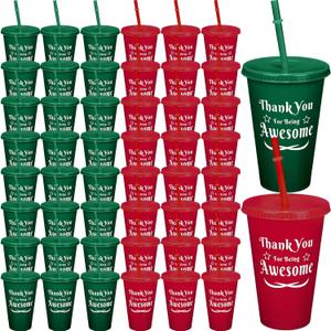 Suclain 48 Pcs Thank You Tumbler Appreciation Gifts 16 oz Plastic Cups with Straw and Lid Thank You for Being Awesome Gift Christmas Gift for Employee Staff Coworker (Red, Green)