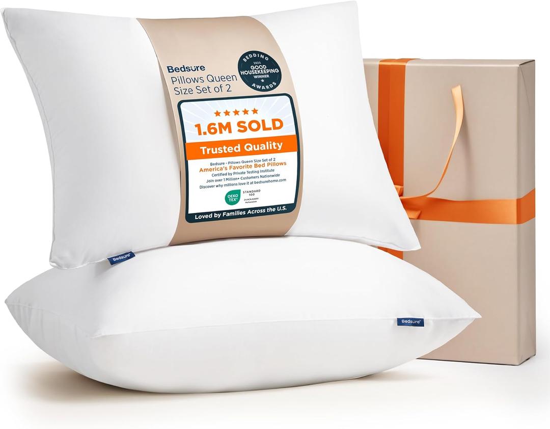 Bedsure Pillows Queen Size Set of 2 - Hotel Collection Bed Pillows for Sleeping, with Down Alternative Filling, Soft Support for Back, Stomach or Side Sleepers, Queen/Full, 28"x19", White, 2 Pack