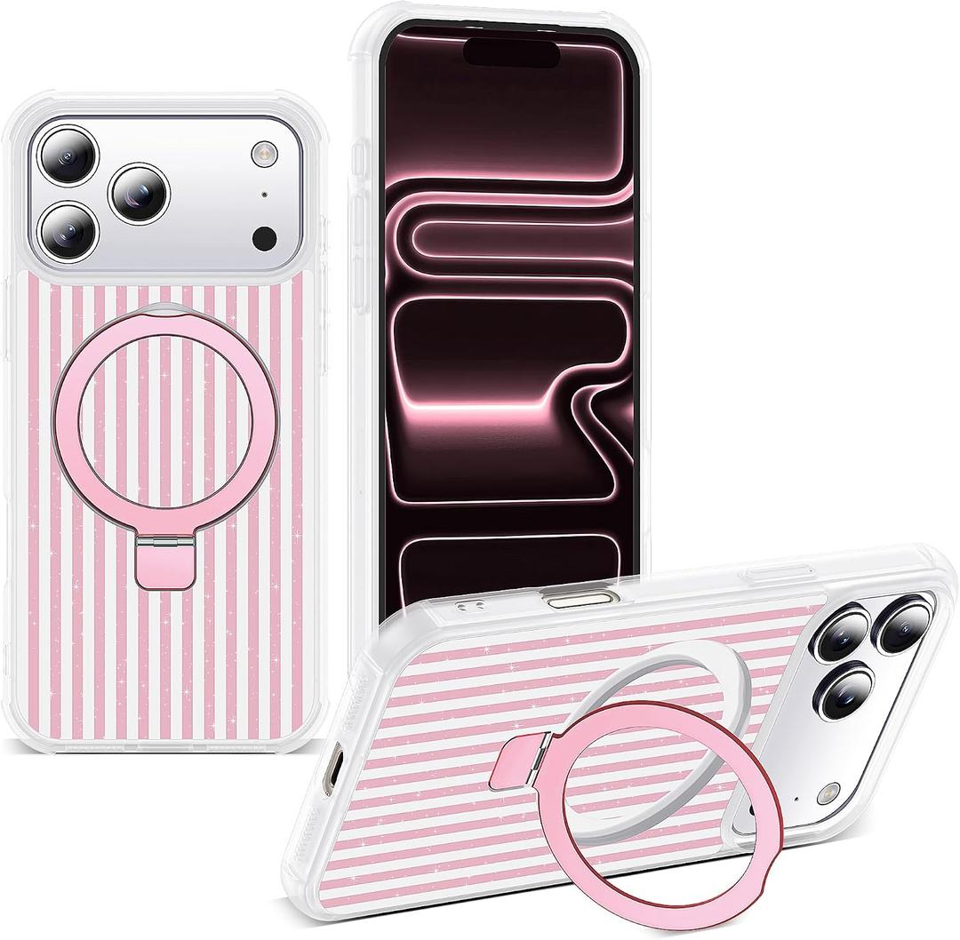Striped for iPhone 17 Pro Max Case with Stand,6.9" T-Pink