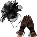 WLLHYF 2 Pcs Women Fascinator Fascinator with Headband and Lace Glove 50s Vintage Style Wedding Feather Veil Hair Clip Black