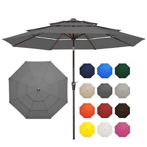 JEAREY 9FT 3 Tier Patio Umbrella Outdoor Market Umbrella Table Umbrellas with 8 Ribs 1.5 Pole Push Button Tilt and Crank UV Protection for Garden, Backyard, Gray