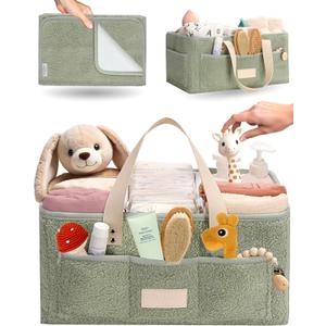 Baby Diaper Caddy Organizer with Portable Changing Mat - Teddy Fleece Diaper Organizer for Changing Table - Basket for Changing Essentials - Baby Essentials Organizer with Removable Dividers