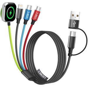 Travel Essentials Watch Charger, Dual Type-C 4 in 2 Multi Charging Cable, USB A/C Travel Charger for Multiple Devices for iWatch Ultra/SE/11-2, iPhone 17-11, Galaxy S25-21, iPad (1PACK 5FT) (1Pack-Green_Black_Blue_Red)