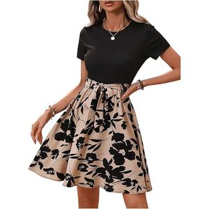 SweatyRocks Women's Graphic Short Sleeve Belted Mini Dress A Line Flared Skater Dresses, Size L