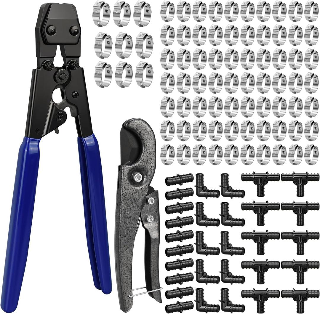 PEX Cinch Clamp Tool Kit, 3/8" to 1" PEX Pipe Clamp Cinch Tool with 30 pcs 1/2" PPSU PEX Fittings Combo, 1pcs Pipe Cutter, 70 pcs 1/2" PEX Cinch Clamps, 10pcs 3/4" PEX Cinch Clamps