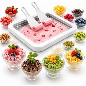 Ice Cream Roller Maker, At Home Rolled Ice Cream Maker Machine, Dairy Free & Frozen Yogurt Maker, Electric Free Countertop Ice Cream Machine with Spade for Rolls, Sorbet & Frozen Yogurt (White)