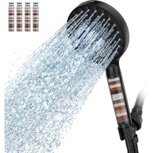 Filtered Shower Head with Handheld, High Pressure 9 Spray Mode Matte Black Showerhead with 4 Filters, Detachable Shower Head, Water Softener Filters Beads for Hard Water - Remove Chlorine