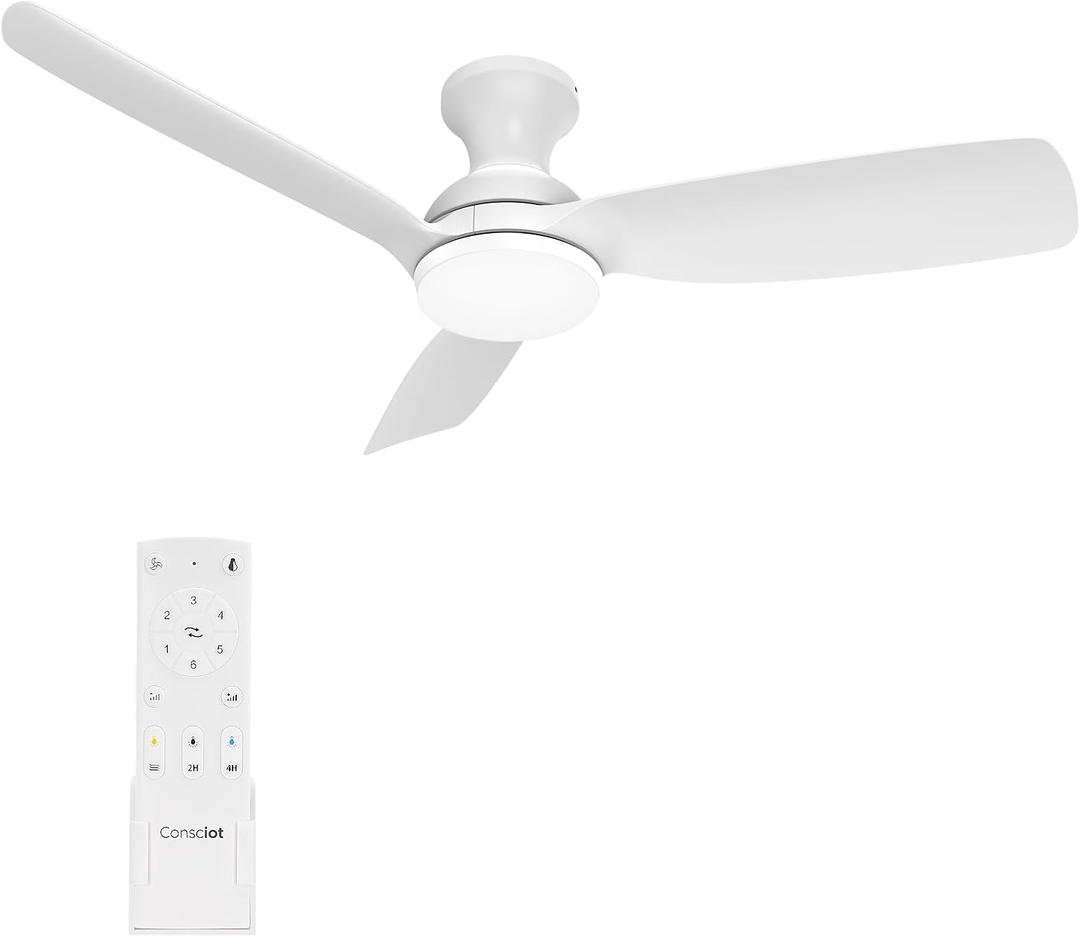 Consciot Ceiling Fan With Lights Remote Control, 44 Inch White Low Profile Modern Ceiling Fan, Flush Mount, Reversible Quiet DC Motor, 6 Speed, Dimmable, For Indoor and Covered Outdoor