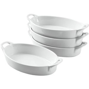 Bruntmor 8 x 5 inch Oval Porcelain Ceramic Deep Dish Au Gratin Pan Set of 4, Dual Handle Au Gratin Baking Dishes, Oven Safe Roasting Lasagna Pan For kitchen- White