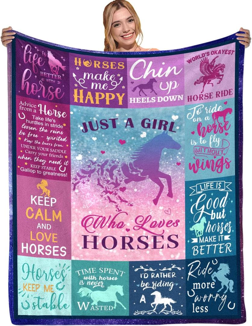 Horse Gifts for Girls Women, Soft Flannel Horse Throw Blanket, Just A Girl Who Loves Horses Blanket, Birthday for Horses Lovers, 80" x 60"