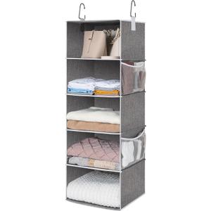 StorageWorks Hanging Closet Organizer, 5-Shelf Hanging Shelves with 2 Hooks, Foldable Space-Saving Design, Closet Organizers and Storage for Bedroom, Dorm, Locker, Gray, 12 12"D x 15" W x 48" H