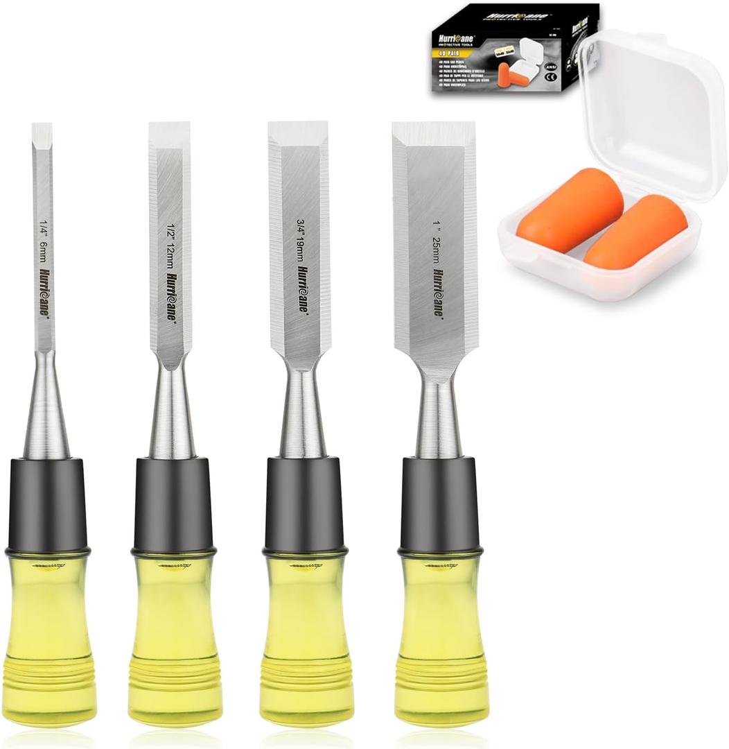 HURRICANE 4 Piece Wood Chisel Set for Woodworking with Foam Earplugs