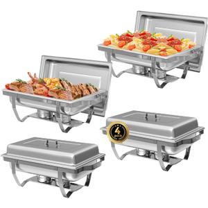 4 Pack Chafing Dish Buffet Set, 8QT Stainless Steel Rectangular Chafers and Buffet Warmer Sets for Catering, with Food & Water Pan, Lid, Foldable Frame, Fuel Holder for Event Party Holiday (Silver)
