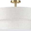 2-Tier 22" Cream Drum Fabric 5 Light Gold Semi Flush Mount Ceiling Light for Living Room Dining Room Bedroom Hallway
