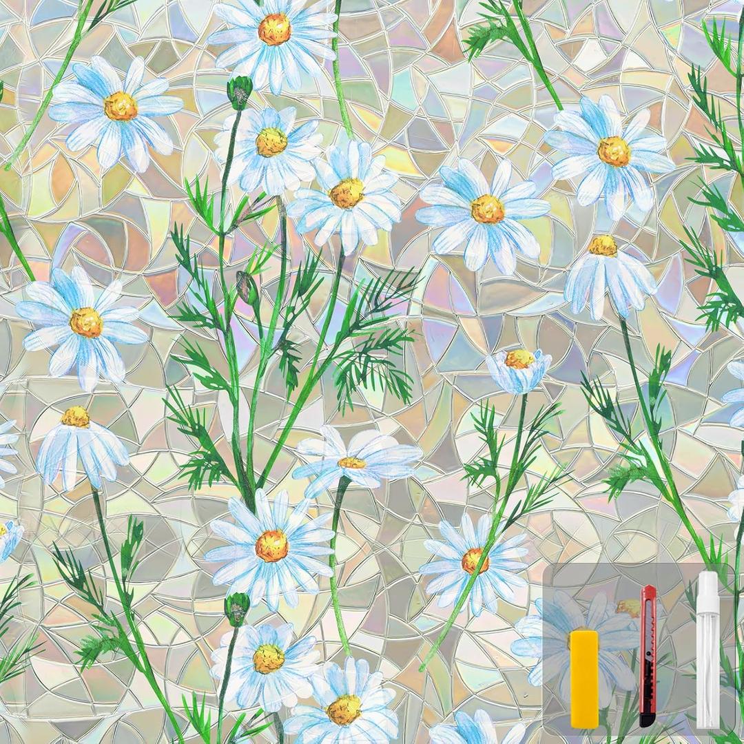 Countewol Window Privacy Film Stained Glass Window Film Rainbow Window Film Window clings Non-Adhesive Reusable Decorative for Room (Daisy Rainbow, 35.4 x 78.7 in)
