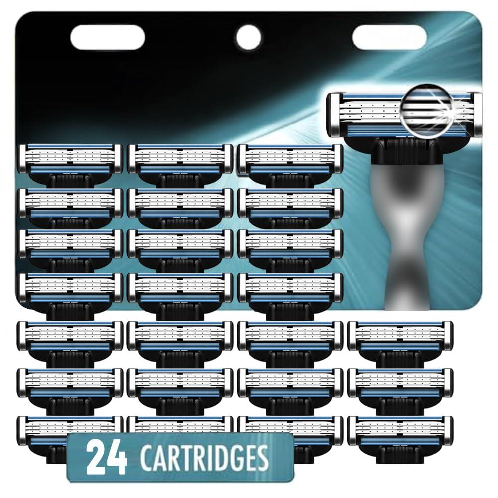 Razor Blade Refills for Men - 24PCS Compatible with mach 3 razor blades refills with Mach3 Razors, Dual Lubrication Blades for Extra Close & Comfortable Shave