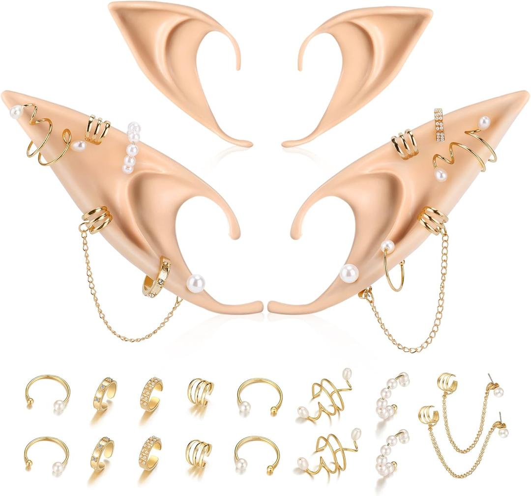 FRESHME Elf Ears with Earrings Set - 2 Pairs Fairy Pixie Soft Ears with Non-Piercing Moon Cuffs Earring