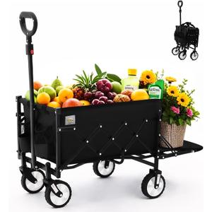 Folding Wagon Cart with Wheels and Tailgate, 330 lbs 120 l Capacity, Adjustable Handle, Portable Collapsible Utility Wagon Cart for Groceries, Outdoor Camping, Shopping, Garden (Black)