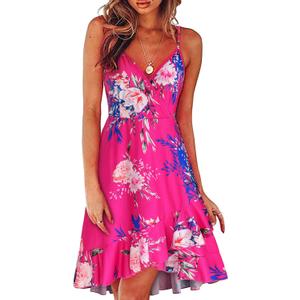 ULTRANICE Womens Summer Dresses Floral V Neck Ruffled Hem Spaghetti Spring Casual Beach Outfits Flowy Wrap Sun Dress (Medium, Rose Red Pink Blue Floral)