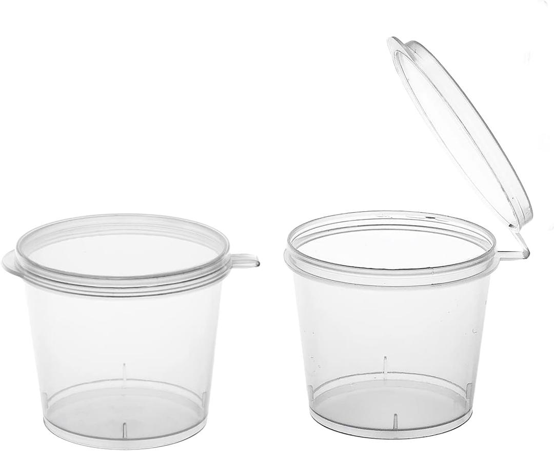 Party Essentials Leak Proof Plastic Condiment Souffle Containers with Attached Airtight Portion Cup with Hinged Lid for Sauces, Samples, Slime, Jello Shot, Storage, Craft, 100 Sets, 1 oz, Clear