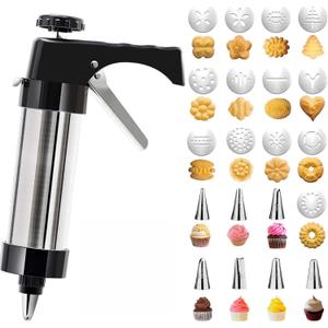 Cookie Press Gun Kit for Baking,Spritz Cookie Press Gun With 13 Cookie Discs+8 Icing Nozzles Perfect for DIY Christmas Cookies Maker and Decorating CookiesSilver