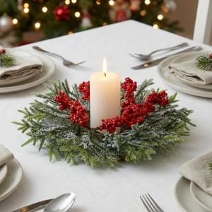 4 Pcs Christmas Candle Rings Wreath Artificial Garland with Red Berry Mini Christmas Candle Wreath for Table Centerpiece Home Kitchen Cabinet Windows Front Door Decor (Guest-Greeting Pine)