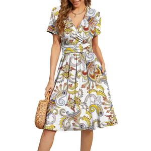 WEACZZY Women's Summer Short Sleeve Casual Dresses V-Neck Floral Party Dress with Pockets Feather White, X-Large