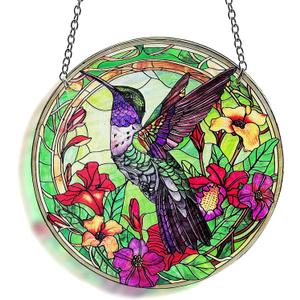 Hummingbird Stained Glass Decor for Women, Bird Lovers Suncatcher. Green Birds Art Walldecor.