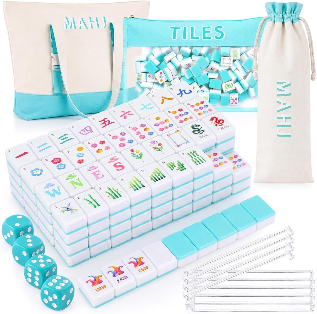 1.2'' American Mahjong Set 160 Mahjong Tiles, Botanical Style, Blue, 1.2 x 0.9 x 0.5 inches
