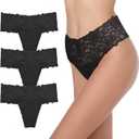 GAREDOB High Waisted Thong Underwear Tummy Control Panties Cotton Lace Black Size L Pack-3