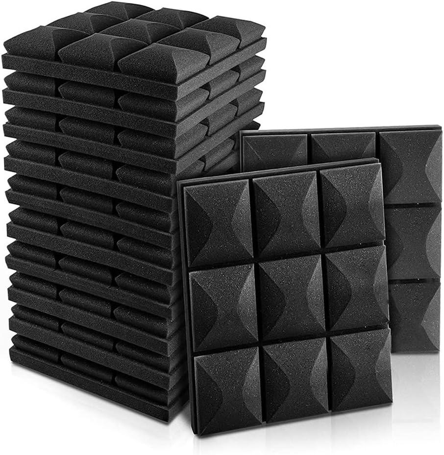 12 Acoustic Foam Panels, Sound Insulation, 30 x 30 cm, Black, Adhesive Free