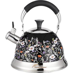 Stainless Steel Whistling Tea Kettle Stovetop - 3.1QT Tea Pot for Stove Top, Vintage Floral Print, Foldable Handle, 304 Stainless Steel Interior Teatop for Tea, Coffee, Party & Gift (Black Field Flower)