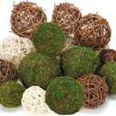 USMOLA 18Pcs Decorative Balls for Centerpiece Bowl - 6Pcs Fake Moss Balls + 12Pcs Rattan Wicker Balls, Artificial Moss Decorative Balls Vase Fillers for Home Garden Wedding Party Decor (Rustic), 2-3.5 inches
