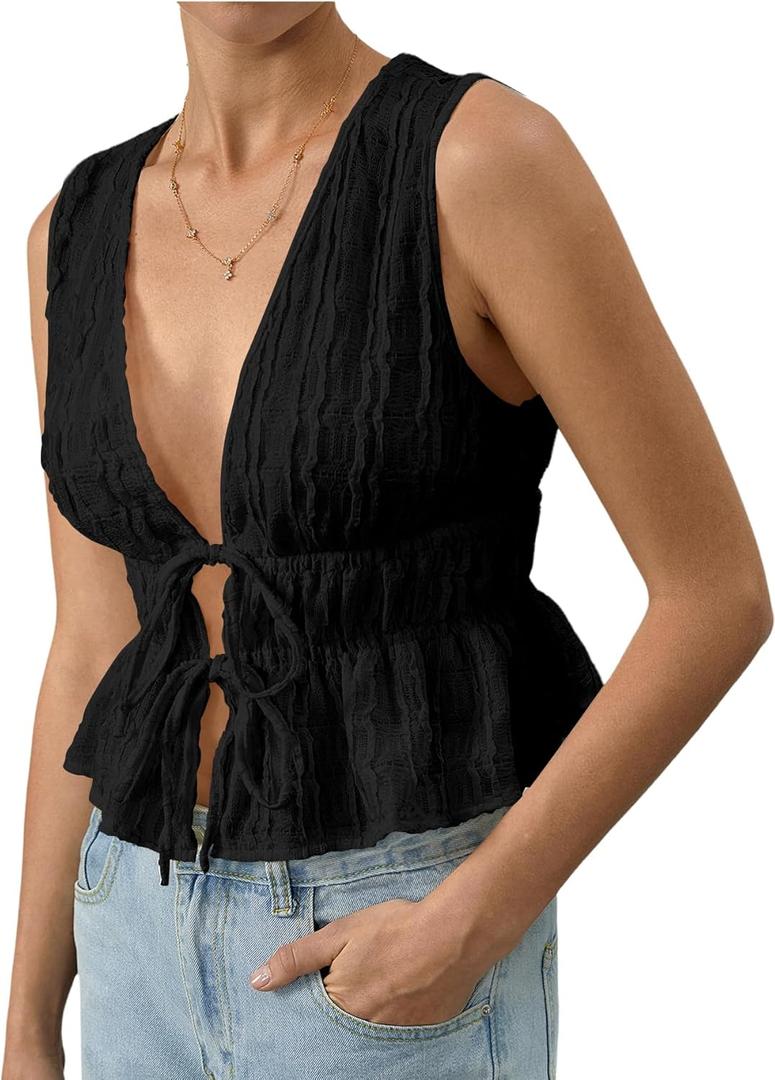 MakeMeChic Women's Tie Front Tank Top Sleeveless Ruffle Hem Crop Going Out Tops (Black, S)