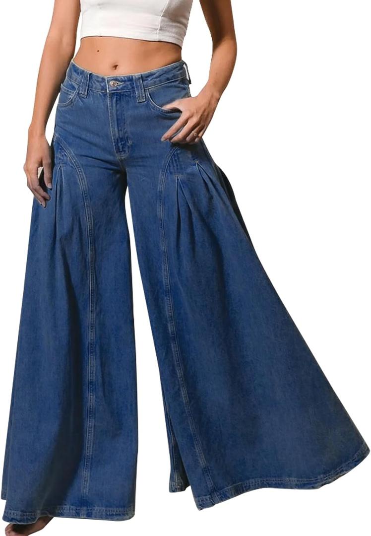 EZAPINE Women Bell Bottom Jeans High Waist Stretch Wide Leg Baggy Flared Pleated Vintage Casual Loose Denim Pants, M