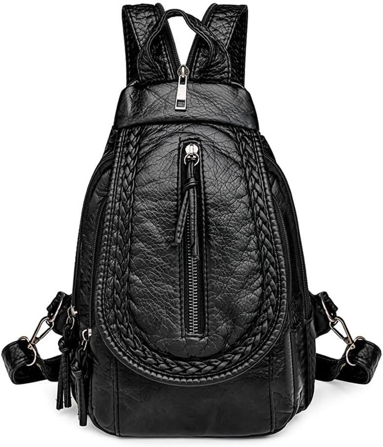 Vintage Embroidered Women Backpacks Soft PU Leather Backpack Purse Small Female Travel Bag Black Chest Packs (Zipper)