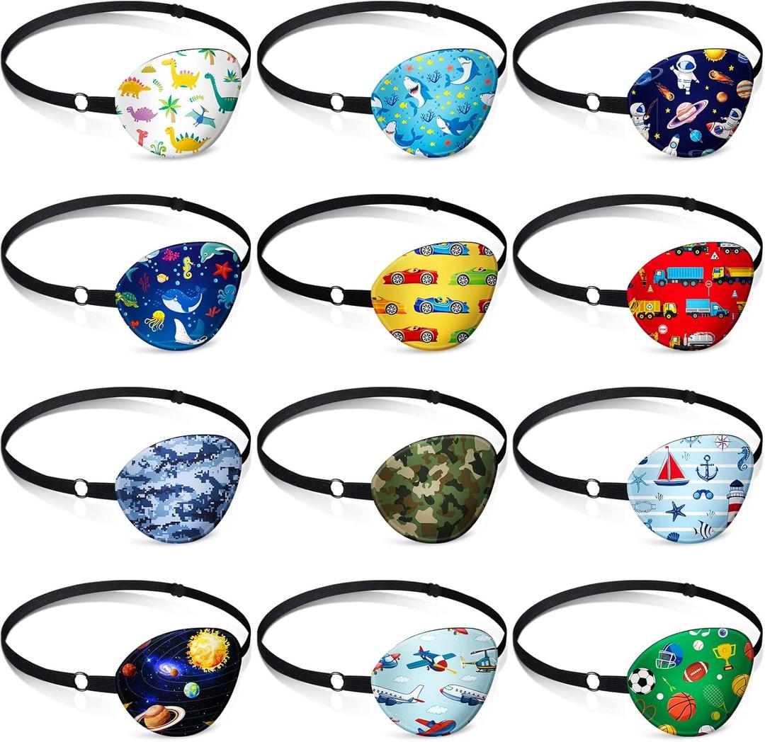 Timgle 12 Pcs Eye Patches for Kids Adjustable Eye Patch Single Cute Reusable Cartoon Eyepatch with Elastic Strap Costume Accessories for Boys Funny Gifts Right or Left Various Pattern