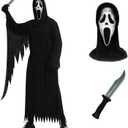Scream Costume for Adult with Mask and Knife Prop,Men Women Halloween Cosplay Dress-up PartyWhite Mask 01