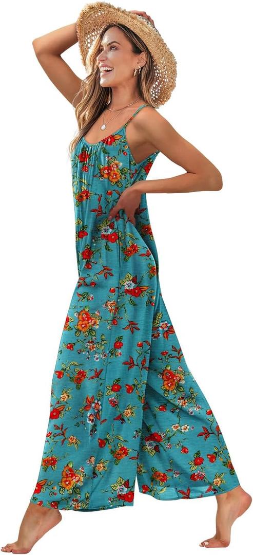 YESNO Casual Wide Leg Jumpsuits for Women Boho Floral Pleated Wide Leg Overalls Rompers Vacation Outfits with Pockets PIA (XL)